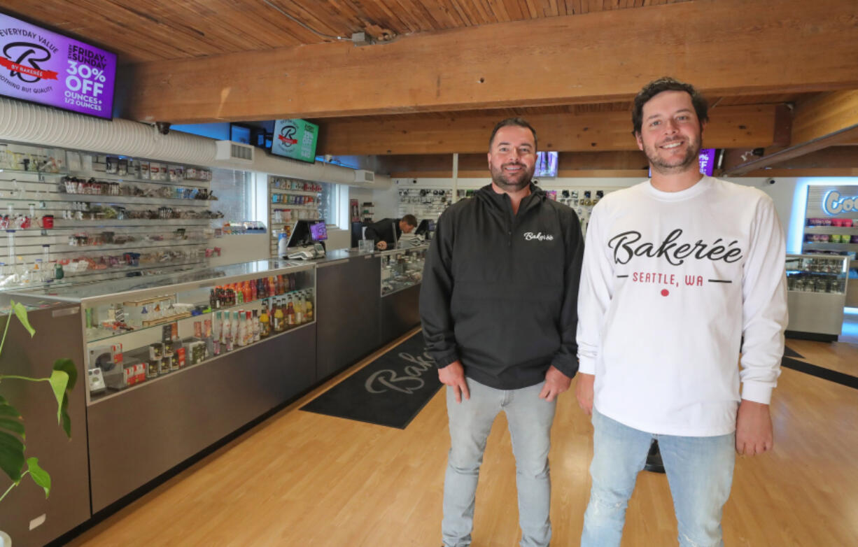 Brothers Chris, left, and Alex Shreeve at the Belltown location of their cannabis shop The Baker?(C)?(C). The cannabis industry is inherently a risky space, said Chris Shreeve.