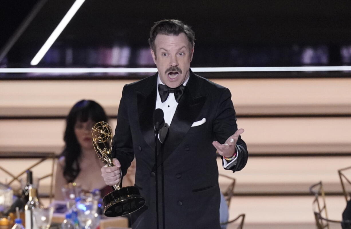 Jason Sudeikis accepts the Emmy for outstanding lead actor in a comedy series for "Ted Lasso" at the 74th Primetime Emmy Awards on Monday, Sept. 12, 2022, at the Microsoft Theater in Los Angeles.