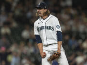 Seattle Mariners starting pitcher Logan Gilbert reacts after striking out Chicago White Sox's AJ Pollock during the sixth inning of a baseball game Tuesday, Sept. 6, 2022, in Seattle.