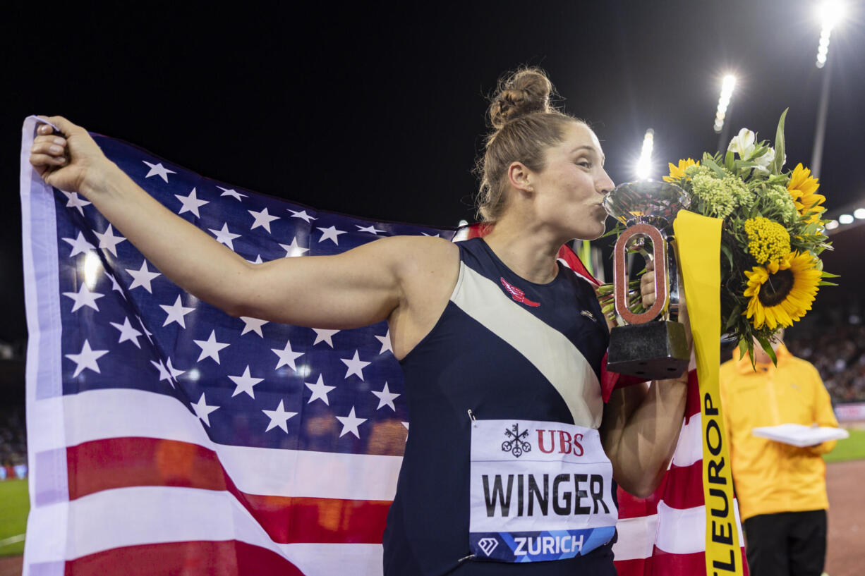 Kara Winger of the United States celebrates after winning the Javelin Throw Women during the Weltklasse IAAF Diamond League international athletics meeting at the Letzigrund stadium in Zurich, Switzerland, Thursday, Sept. 8, 2022.