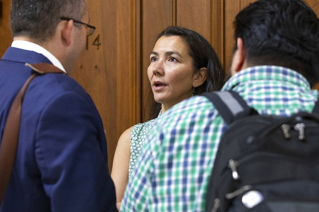 Rep.-elect Mary Peltola, D-Alaska speaks to her staff members on Capitol Hill in Washington on Monday, Sept. 12, 2022.