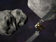 This illustration made available by Johns Hopkins APL and NASA depicts NASA's DART probe, foreground right, and Italian Space Agency's (ASI) LICIACube, bottom right, at the Didymos system before impact with the asteroid Dimorphos, left. DART is expected to zero in on the asteroid Monday, Sept. 26, 2022, intent on slamming it head-on at 14,000 mph. The impact should be just enough to nudge the asteroid into a slightly tighter orbit around its companion space rock.