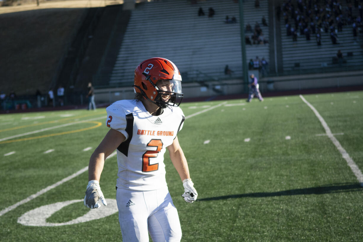 Artem Bahnyuk of Battle Ground celebrates his touchdown run in the Tigers’ 71-0 win over Heritage on Friday, Sept. 23, 2022.