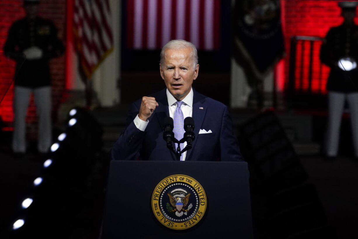 President Joe Biden speaks outside Independence Hall, Thursday, Sept. 1, 2022, in Philadelphia.