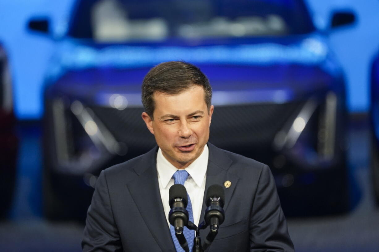 Secretary of Transportation Pete Buttigieg speaks at the North American International Auto Show in Detroit, Wednesday, Sept. 14, 2022.