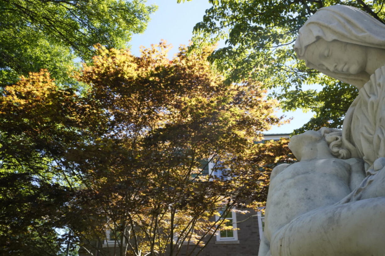 A tree with yellow and brown leaves, center, stands near a statue Thursday, Sept. 8, 2022, in Concord, Mass. This summer's drought is expected to cause a patchy array of fall color in the leaf-peeping haven of New England. Experts predict that it will be more spread out this year with some trees changing earlier or even browning and dropping leaves because of the drought.