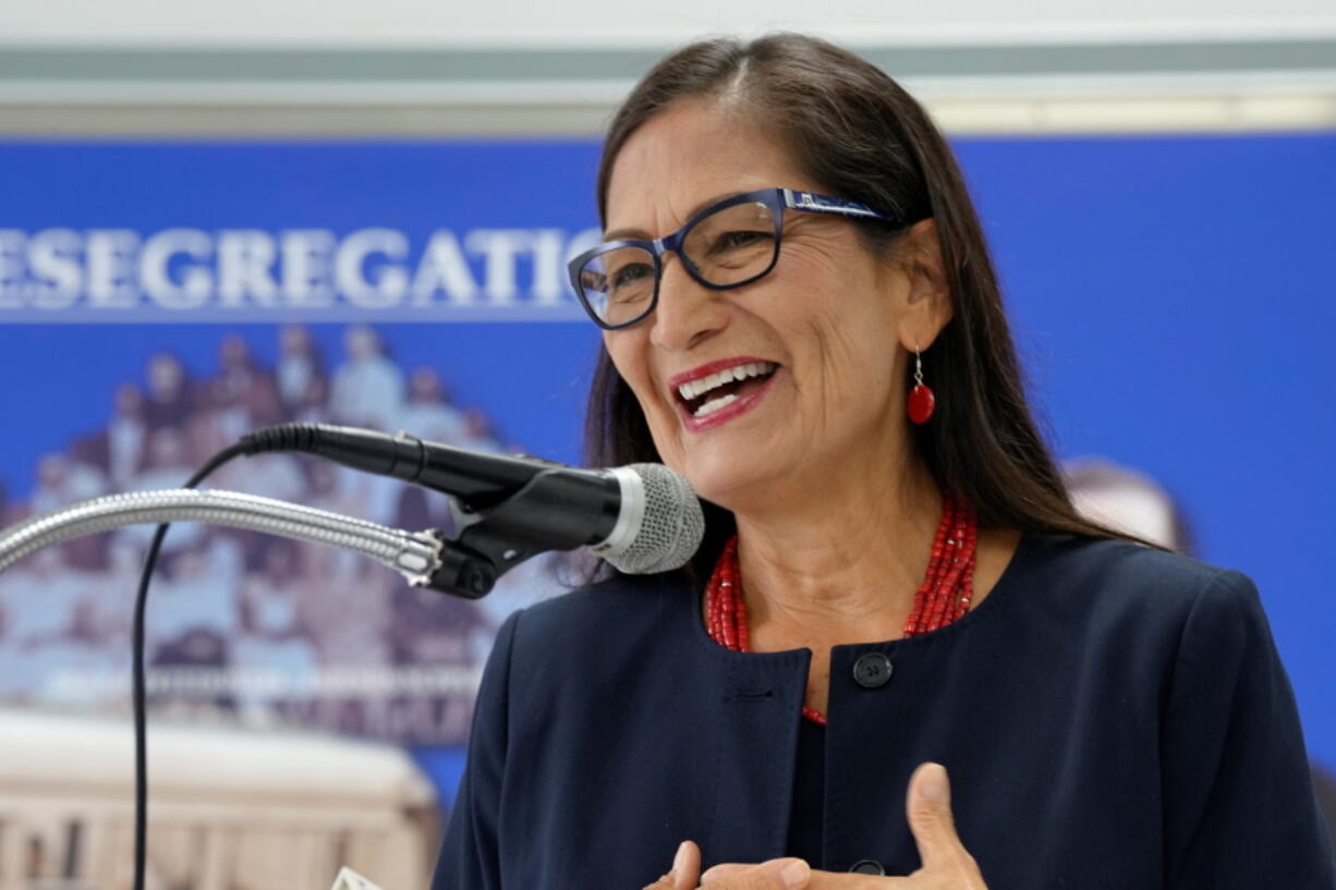 Interior Secretary Deb Haaland speaks during a news conference on Tuesday, Sept. 27, 2022, in Summerton, S.C. Haaland was in South Carolina to visit two schools where litigation over segregation led to the Supreme Court's historic Brown v. Board decision in 1954 declaring segregated schools unconstitutional.