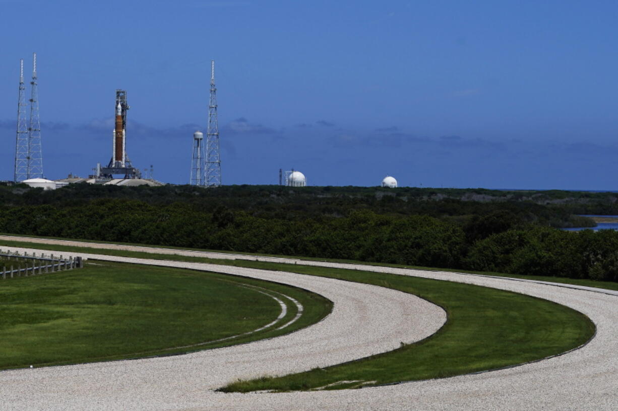 The NASA moon rocket stands on Pad 39B before the Artemis 1 mission to orbit the moon at the Kennedy Space Center, Thursday, Sept. 1, 2022, in Cape Canaveral, Fla.