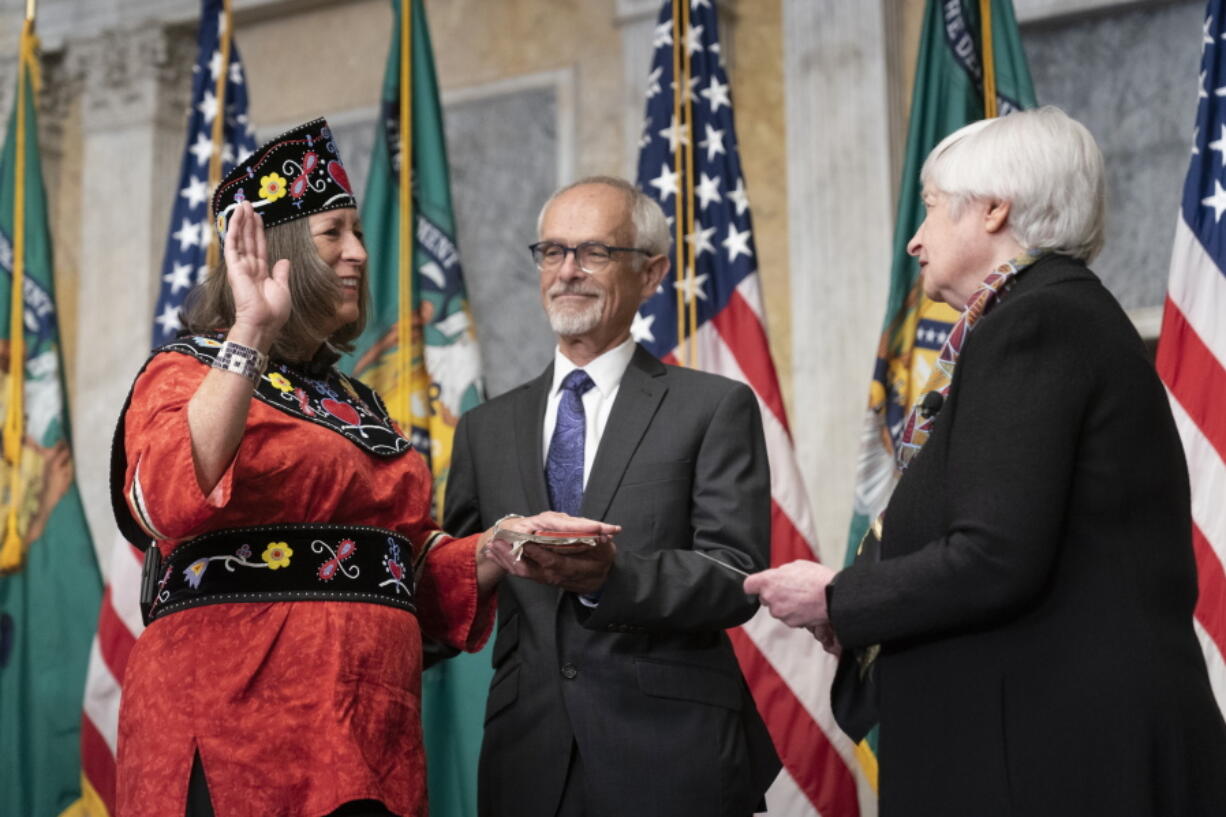 Secretary of the Treasury Janet Yellen swears-in Lynn Malerba, as the Treasurer of the United States at the Treasury Department, Monday, Sept. 12, 2022 in Washington. Malerba becomes the first Native American to serve as Treasurer of the United States.