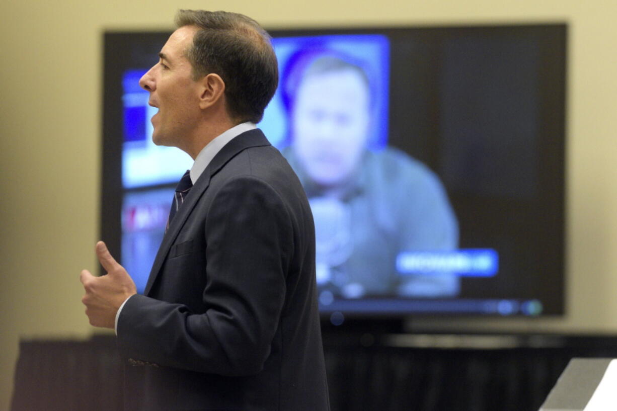 Attorney Chris Mattei questions Brittany Paz, a lawyer hired by Alex Jones' defense to testify on Infowars' workings, during Jones' Sandy Hook Elementary School defamation damages trial at Waterbury Superior Court, Wednesday, Sept. 14, 2022, in Waterbury, Conn.