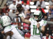 Oregon quarterback Bo Nix (10) throws a pass during the first half of an NCAA college football game against Washington State, Saturday, Sept. 24, 2022, in Pullman, Wash.