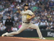 San Diego Padres starting pitcher Yu Darvish throws to a Seattle Mariners batter during the first inning of a baseball game Tuesday, Sept. 13, 2022, in Seattle.