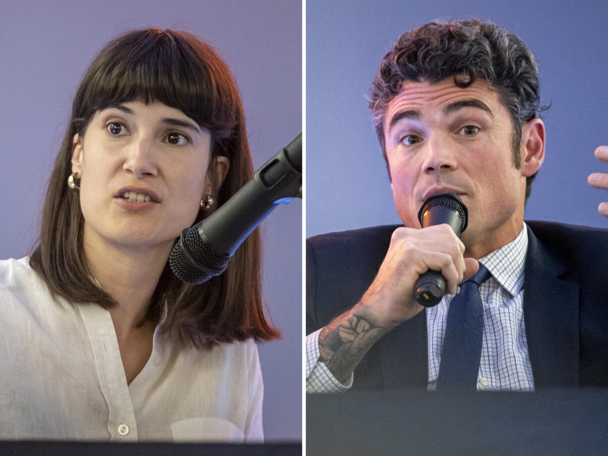 Third Congressional District candidates Marie Gluesenkamp Perez, left, and Joe Kent (Taylor Balkom/The Columbian)