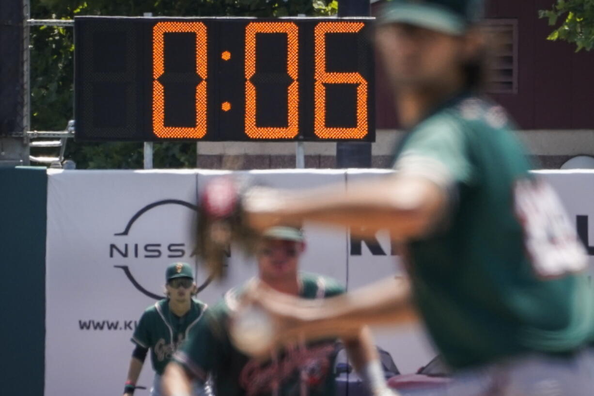 View of the pitch clock at the home of the minor league Brooklyn Cyclones this season. Major League Baseball adopted on Friday, Sept. 9, 2022, a pitch clock and limits on defensive shifts for next season in an effort to shorten games and increase offense.