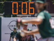 View of the pitch clock at the home of the minor league Brooklyn Cyclones this season. Major League Baseball adopted on Friday, Sept. 9, 2022, a pitch clock and limits on defensive shifts for next season in an effort to shorten games and increase offense.