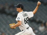 Seattle Mariners starting pitcher George Kirby throws against the Texas Rangers during the first inning of a baseball game, Wednesday, Sept. 28, 2022, in Seattle.