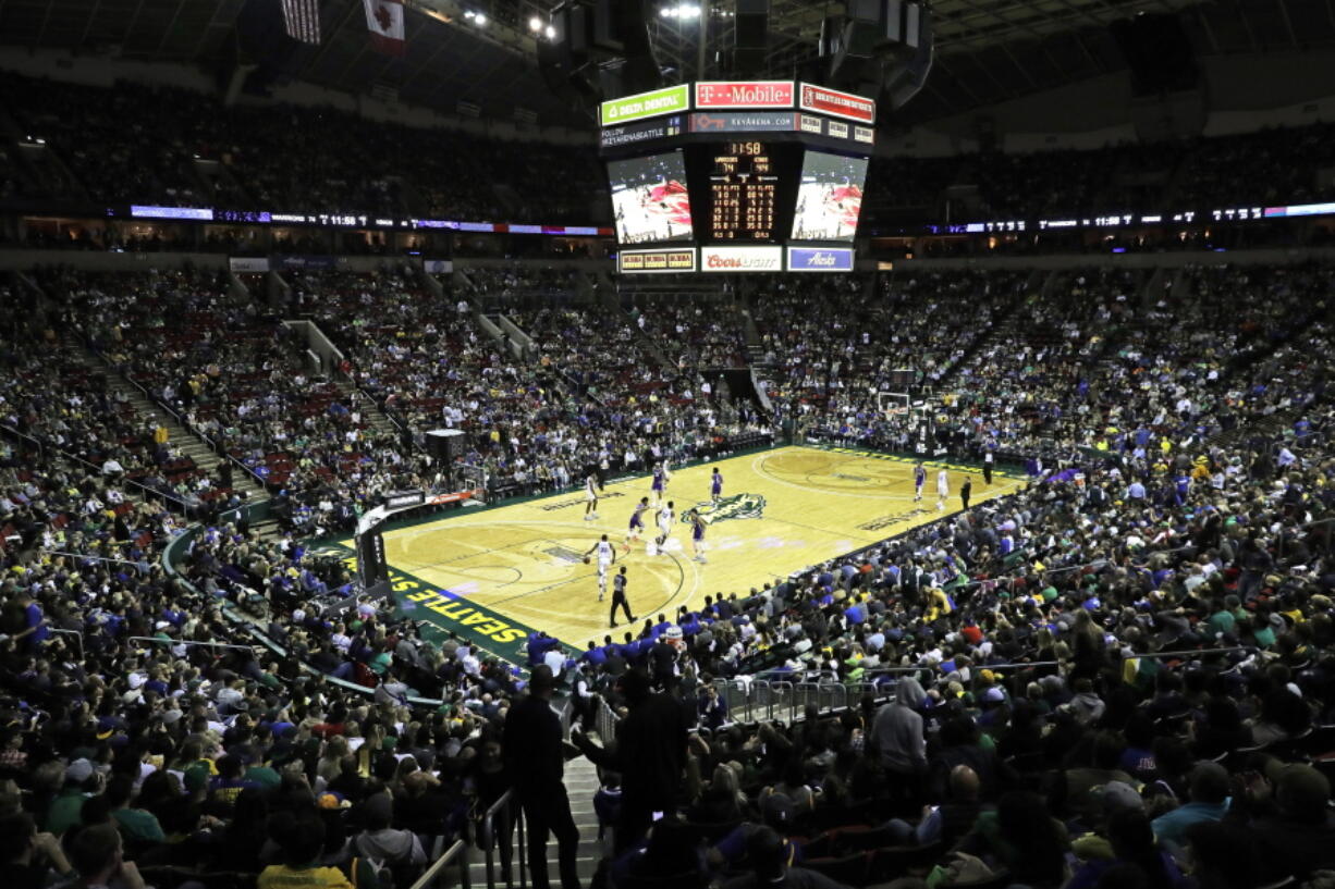 FILE - The Golden State Warriors play the Sacramento Kings during the second half of an NBA basketball preseason game Friday, Oct. 5, 2018, in Seattle. Jamal Crawford is the ambassador of Seattle basketball, from his long NBA career to his continued pro-am league that brings in a stream of current NBA players every summer. While it may not seem like a benchmark moment, Crawford believes there is value even if it's just an exhibition game that's returning to Seattle. (AP Photo/Ted S.