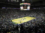 FILE - The Golden State Warriors play the Sacramento Kings during the second half of an NBA basketball preseason game Friday, Oct. 5, 2018, in Seattle. Jamal Crawford is the ambassador of Seattle basketball, from his long NBA career to his continued pro-am league that brings in a stream of current NBA players every summer. While it may not seem like a benchmark moment, Crawford believes there is value even if it's just an exhibition game that's returning to Seattle. (AP Photo/Ted S.