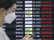 An electronic signboard shows canceled flights as Typhoon Hinnamnor travels toward the Korean Peninsula at Jeju International Airport on Jeju Island, South Korea, Monday, Sept. 5, 2022.