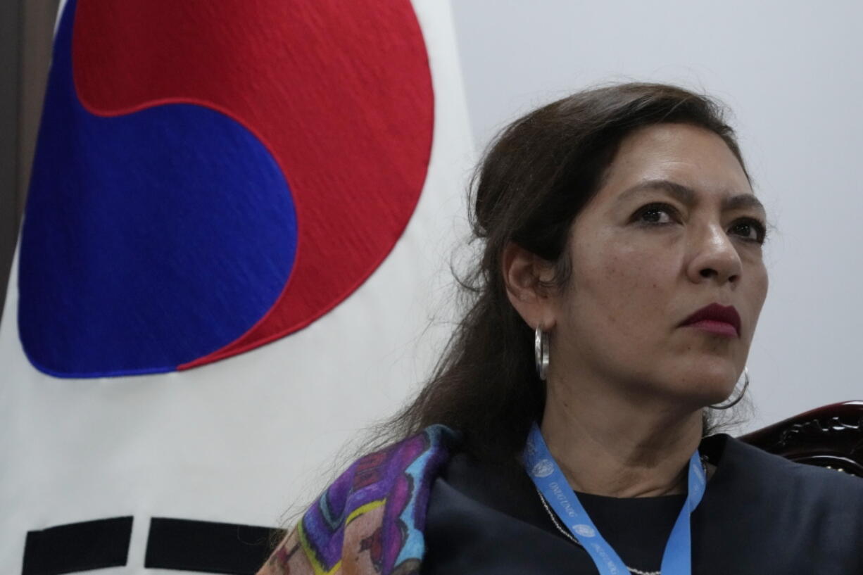 Elizabeth Salmon, the U.N. special rapporteur for North Korea's human rights, listens to South Korean Unification Minister Kwon Youngse's speech during their meeting at the Government Complex in Seoul, South Korea, Friday, Sept. 2, 2022. North Korea called the U.N.'s top expert on the country's human rights "a puppet" of the United States, warning Friday that it won't tolerate an American-led plot to use the rights issue to overthrow its political system.