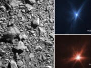 This combination of images provided by NASA shows three different views of the DART spacecraft impact on the asteroid Dimorphos on Monday, Sept. 26, 2022. At left is the view from a forward camera on DART, upper right the Hubble Space Telescope and lower right the James Webb Space Telescope.