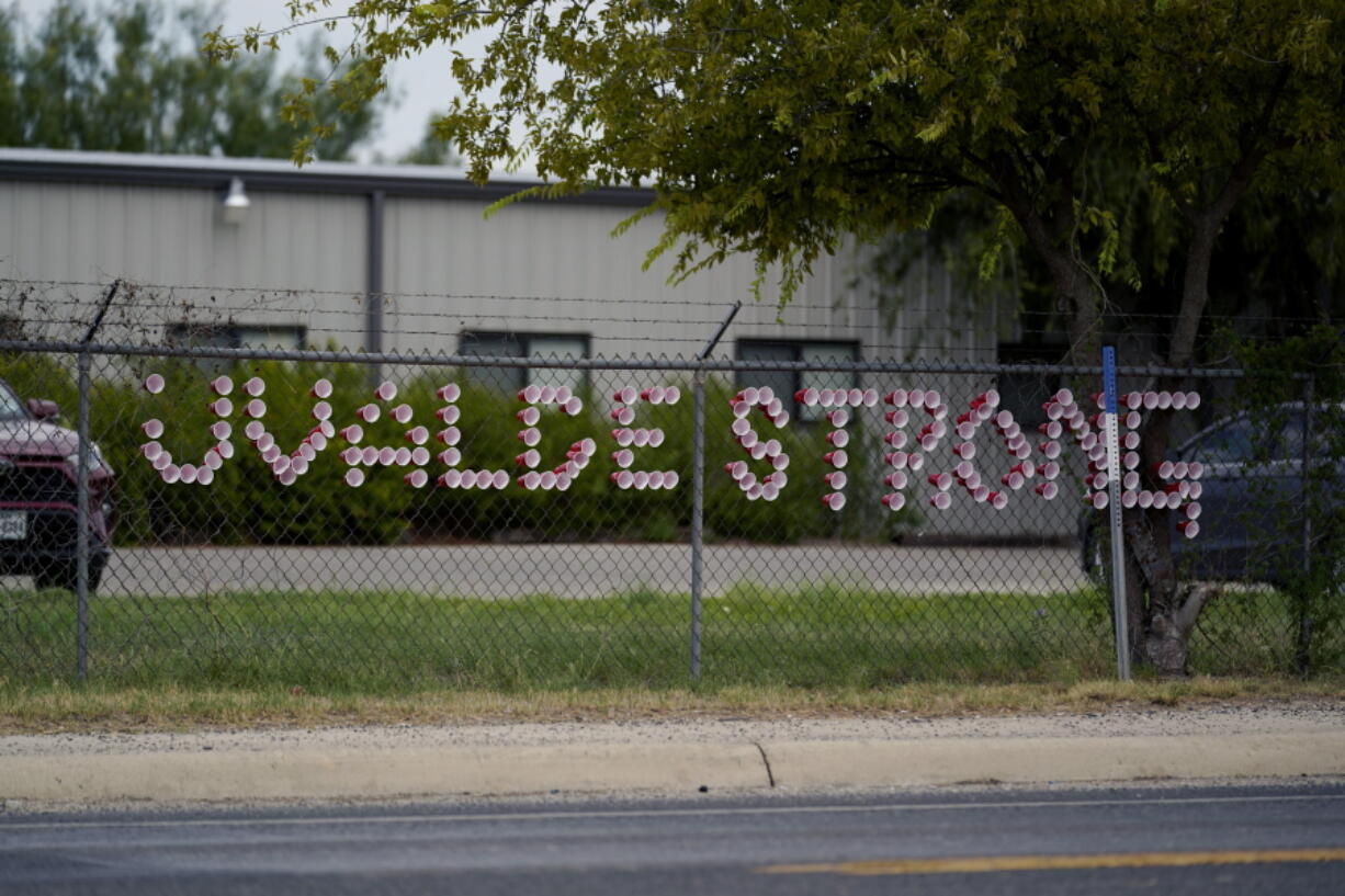 A 'Uvalde Strong' message is posted in front of the Uvalde County Mental Health building, Tuesday, July 12, 2022, in Uvalde, Texas.