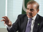 Prime Minister of Pakistan Shehbaz Sharif ponders a question during an interview with The Associated Press, Thursday, Sept. 22, 2022 at United Nations headquarters.