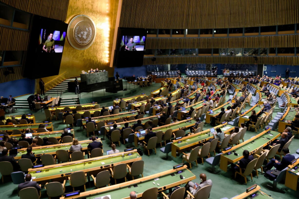 Ukrainian President Volodymyr Zelenskyy addresses the 77th session of the United Nations General Assembly, Wednesday, Sept. 21, 2022 at U.N. headquarters.