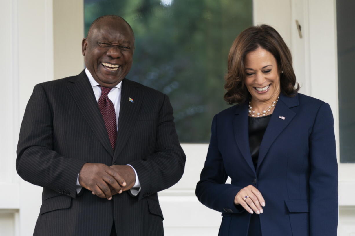 Vice President Kamala Harris greets South African President Cyril Ramaphosa at the Vice President's official residence in the U.S. Naval Observatory compound in Washington, Friday, Sept. 16, 2022.