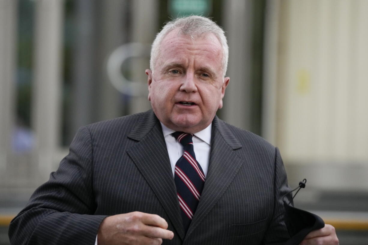 FILE - U.S. Ambassador to Russia John Sullivan speaks to the media in Moscow, Russia, June 28, 2021. Sullivan, ended his tenure as America's top diplomat in Moscow on Sunday, Sept. 4, 2022 after nearly three years, spanning the Trump and Biden administrations, and will retire after a lengthy career in government service, the embassy announced.