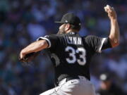 Chicago White Sox starting pitcher Lance Lynn throws against the Seattle Mariners during the first inning of a baseball game, Monday, Sept. 5, 2022, in Seattle. (AP Photo/Ted S.