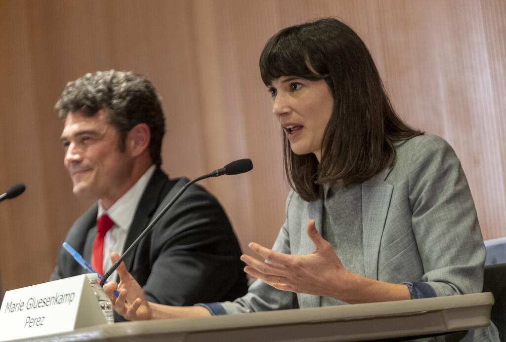 Democratic candidate for Washington’s 3rd Congressional District Marie Gluesenkamp Perez answers a question Saturday, Oct. 15, 2022, during a debate at the Vancouver Community Library.