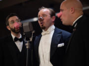 Ne Plus Ultra Jass Orchestra's Tritone Trio (Matt Goodling, left, Sammuel Murry-Hawkins and Tim Lafolette) perform a rendition of "Three Little Blues Pigs" in three-part harmony.