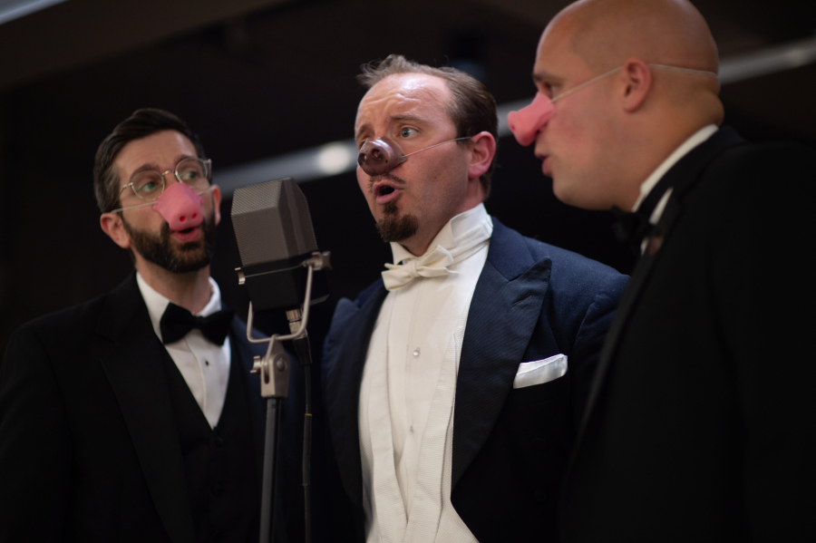 Ne Plus Ultra Jass Orchestra's Tritone Trio (Matt Goodling, left, Sammuel Murry-Hawkins and Tim Lafolette) perform a rendition of "Three Little Blues Pigs" in three-part harmony.