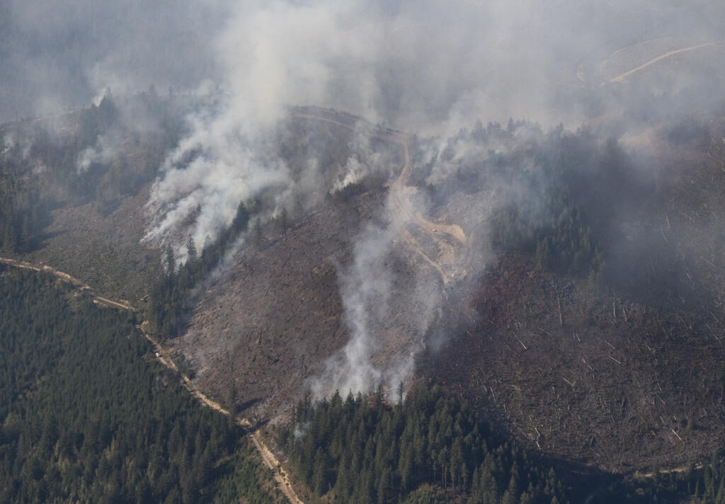 The Nakia Creek Fire burns on Tuesday, Oct. 11, 2022, near Larch Mountain. The fire grew to 250 acres as of Tuesday morning.