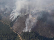 The Nakia Creek Fire burns on Tuesday, Oct. 11, 2022, near Larch Mountain. The fire grew to 250 acres as of Tuesday morning.