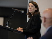 U.S. Sen. Maria Cantwell, D-Wash., speaks with people in the crowd before receiving Pacific Northwest Waterways Association's 2022 Legislator of the Year Award. She received the award in 2016 for introducing a grant program that helped reduce congestion at U.S. ports.