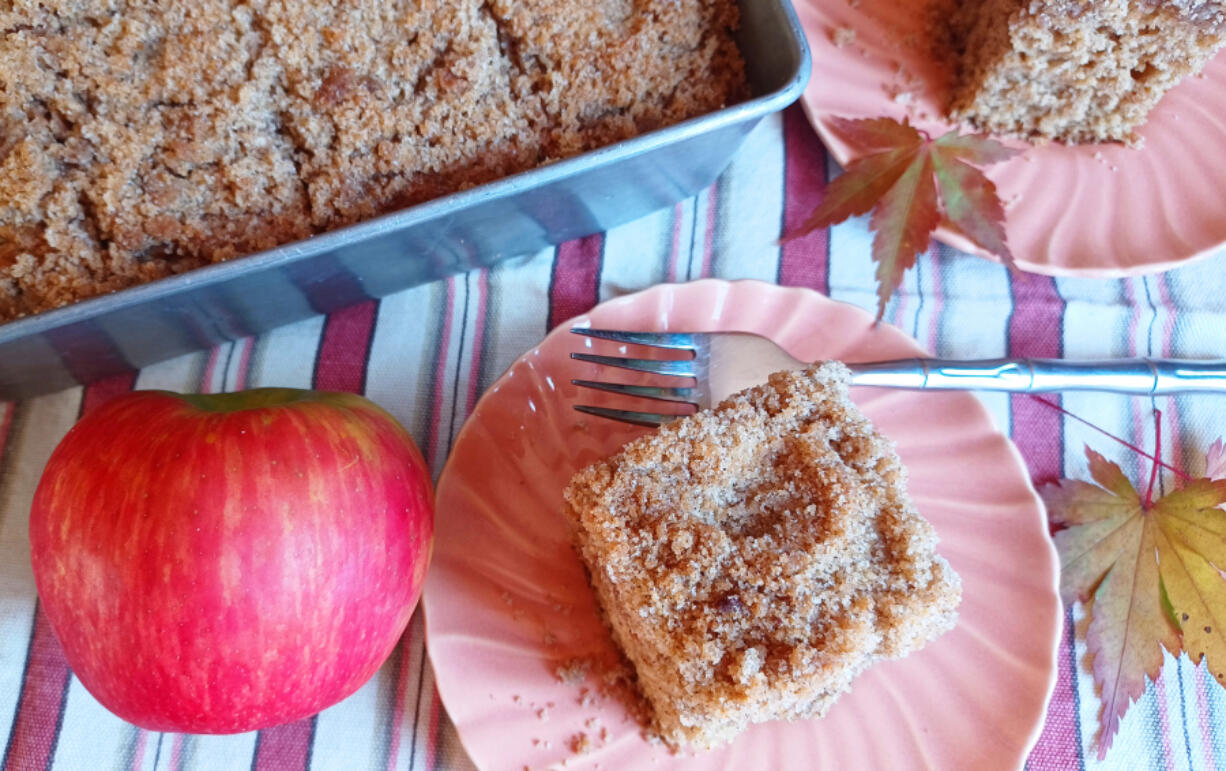 This streusel-topped applesauce cake has a cup of applesauce, plus sour cream and autumn spices.