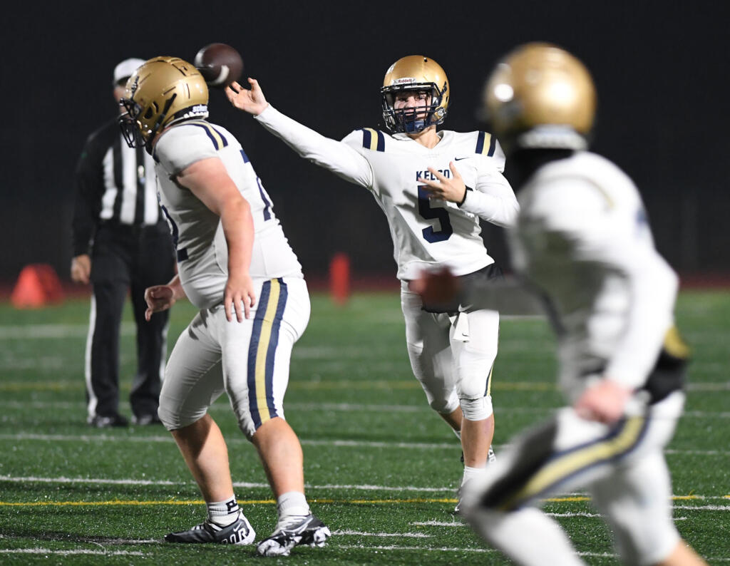 Kelso sophomore Tucker Amrine throws the ball Friday, Oct. 28, 2022, during a game between Kelso and Evergreen at McKenzie Stadium.