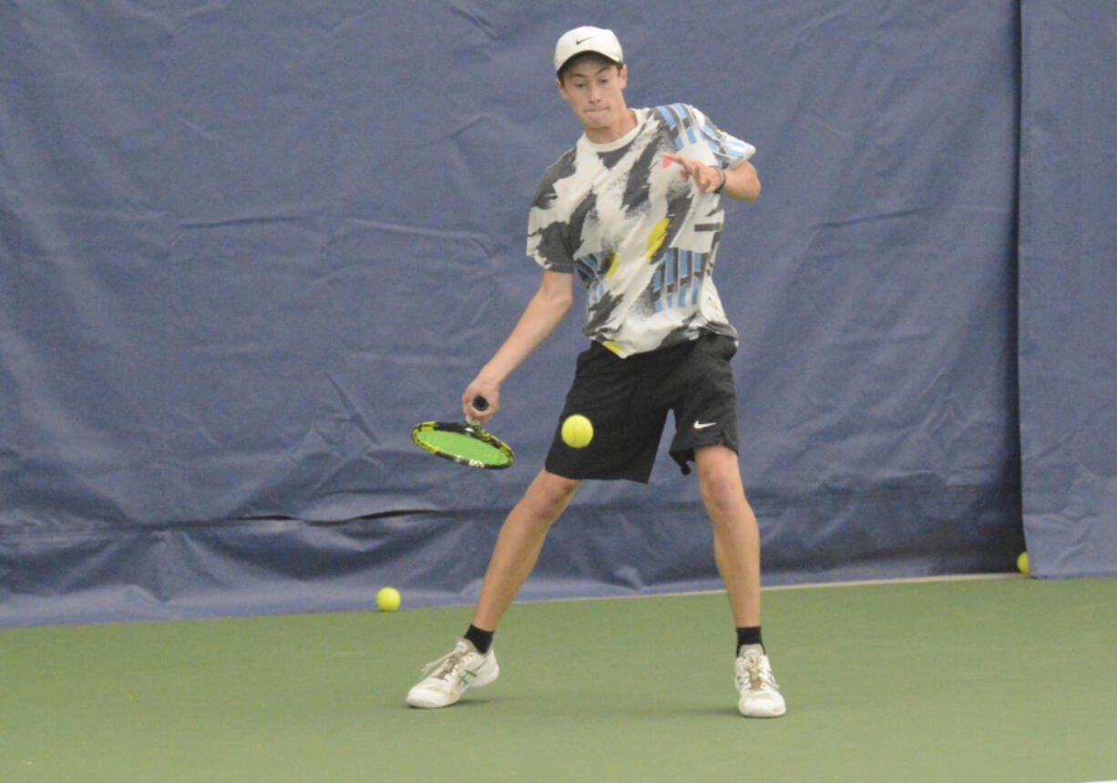 Top-seeded Aiden Brasier of Camas won the Class 4A boys tennis district title on Thursday at Vancouver Tennis Center. He beat Skyview's Aiden Bucerzan 6-0, 6-1.