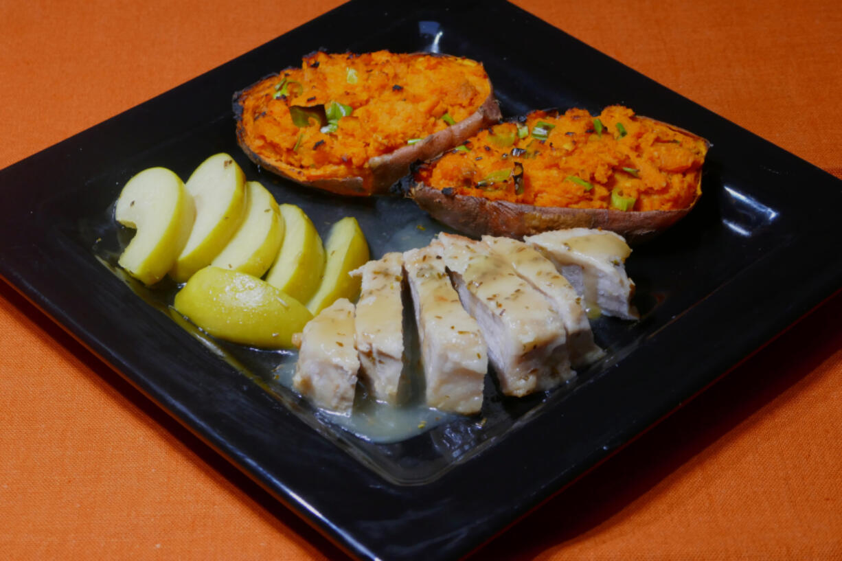 Apple Cider Pork with Charred Sweet Potato.