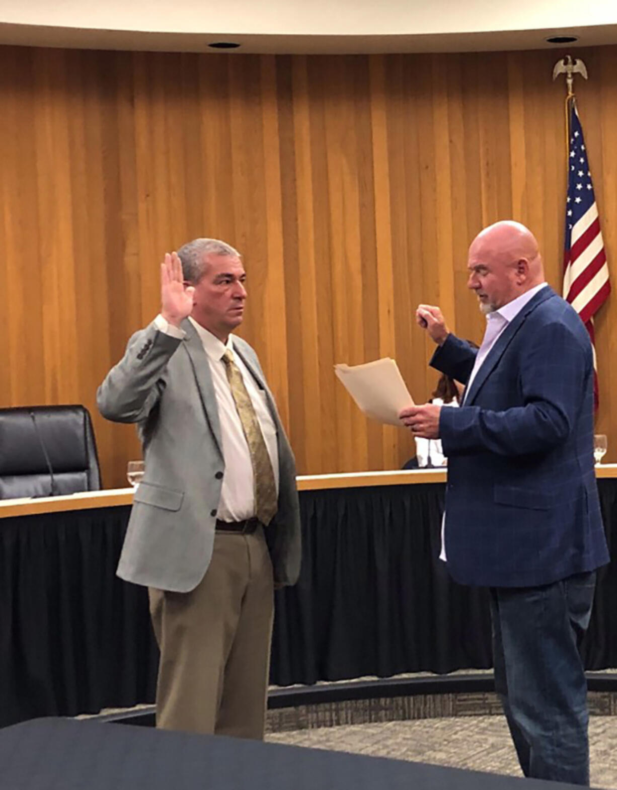 Washougal Mayor David Stuebe, right, administers the oath of office to newly appointed Washougal City Council member David Fritz at Washougal City Hall on Oct. 24.