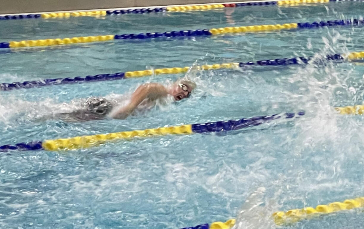 Skyview's Paula Galvez swims the 100-yard freestyle at the 4A district meet on Saturday, Oct. 29, 2022, at Gaither Pool in Kelso.