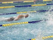 Skyview's Paula Galvez swims the 100-yard freestyle at the 4A district meet on Saturday, Oct. 29, 2022, at Gaither Pool in Kelso.