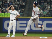 Houston Astros shortstop Jeremy Pena (3) rounds the bases after hitting a home run against the Seattle Mariners during the 18th inning in Game 3 of an American League Division Series baseball game Saturday, Oct. 15, 2022, in Seattle. (AP Photo/Ted S.