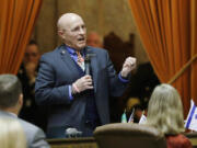 Rep. Brad Klippert, R-Kennewick and the ranking minority member of the House Public Safety Committee, speaks on the House floor, Thursday, Jan. 24, 2019, in Olympia, Wash. House members voted unanimously Thursday to approve revisions to Initiative 940, the measure voters passed in November 2018 that makes it easier to prosecute police officers for negligent shootings. (AP Photo/Ted S.