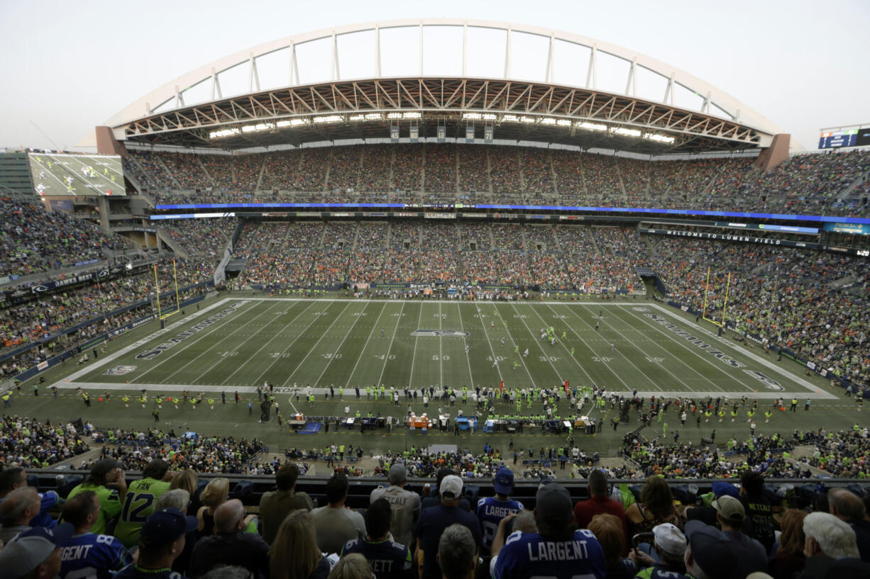 Lumen Field filled with fans is seen during a NFL football game between the Seattle Seahawks and the Denver Broncos, Monday, Sept. 12, 2022, in Seattle.