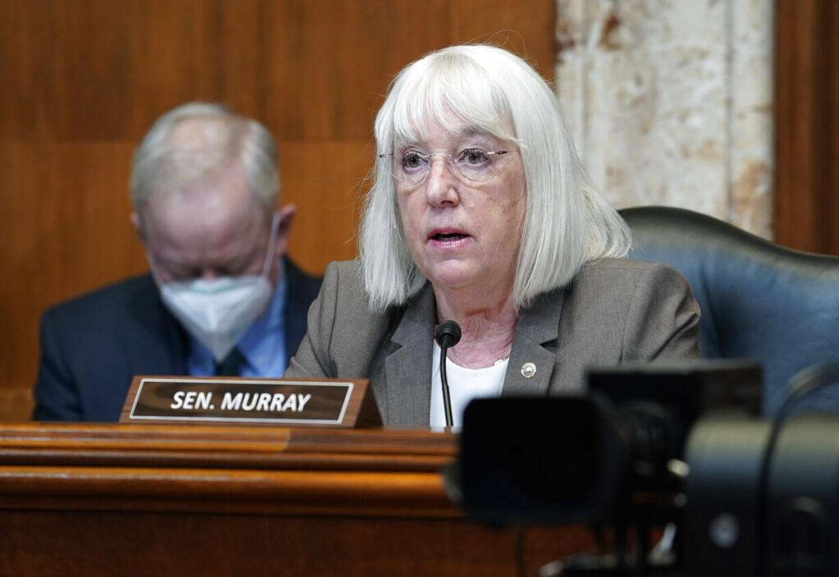 FILE - Sen. Patty Murray, D-Wash., speaks during the House Committee on Appropriations subcommittee on Labor, Health and Human Services, Education, and Related Agencies hearing. Murray faces Republican Tiffany Smiley in the November election.