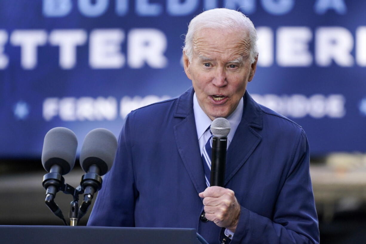 FILE - President Joe Biden speaks about his infrastructure agenda while visiting the under construction Fern Hollow Bridge, in Pittsburgh, Thursday, Oct. 20, 2022. The Treasury Department said Friday that the federal budget deficit was 562% higher on a monthly basis compared to September 2021--largely reflecting President Biden's plans to forgive student debt. (AP Photo/Gene J.