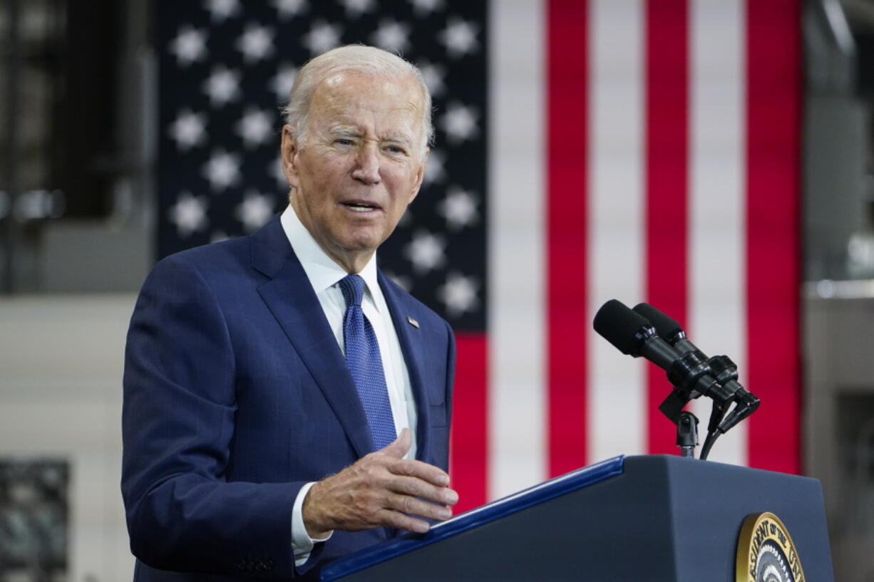 FILE - President Joe Biden speaks at the Volvo Group Powertrain Operations in Hagerstown, Md., Friday, Oct. 7, 2022. With the economy consistently top of mind for voters who will decide the fate of vulnerable Democrats, Biden is urging patience amid the hazardous economic crosscurrents of persistent inflation, recession fears and the prospect of rising energy prices in the closing weeks of the midterm elections.